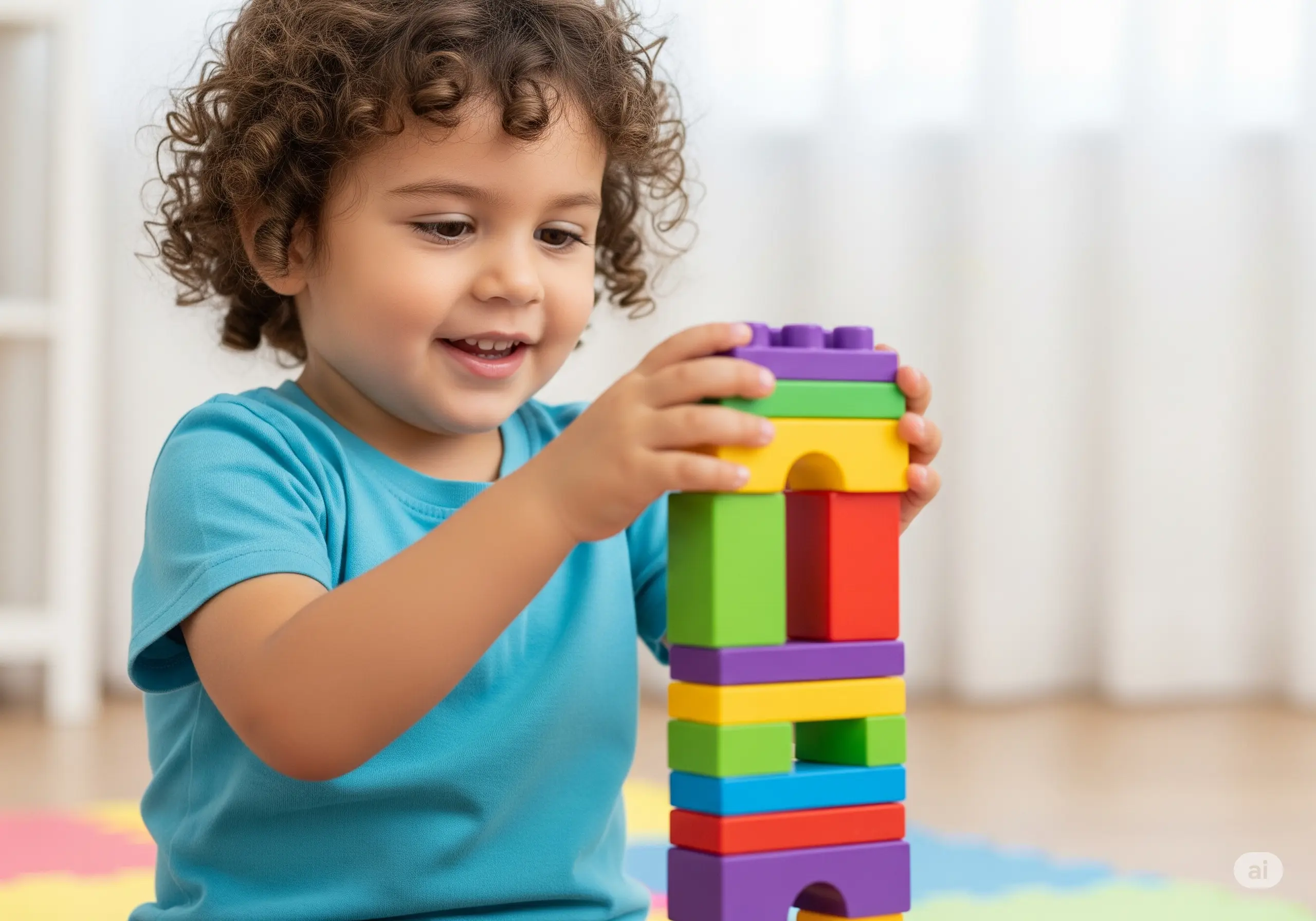 Professional photo of child engaging in developmental activities with a pediatric healthcare provider in a warm, supportive clinical setting