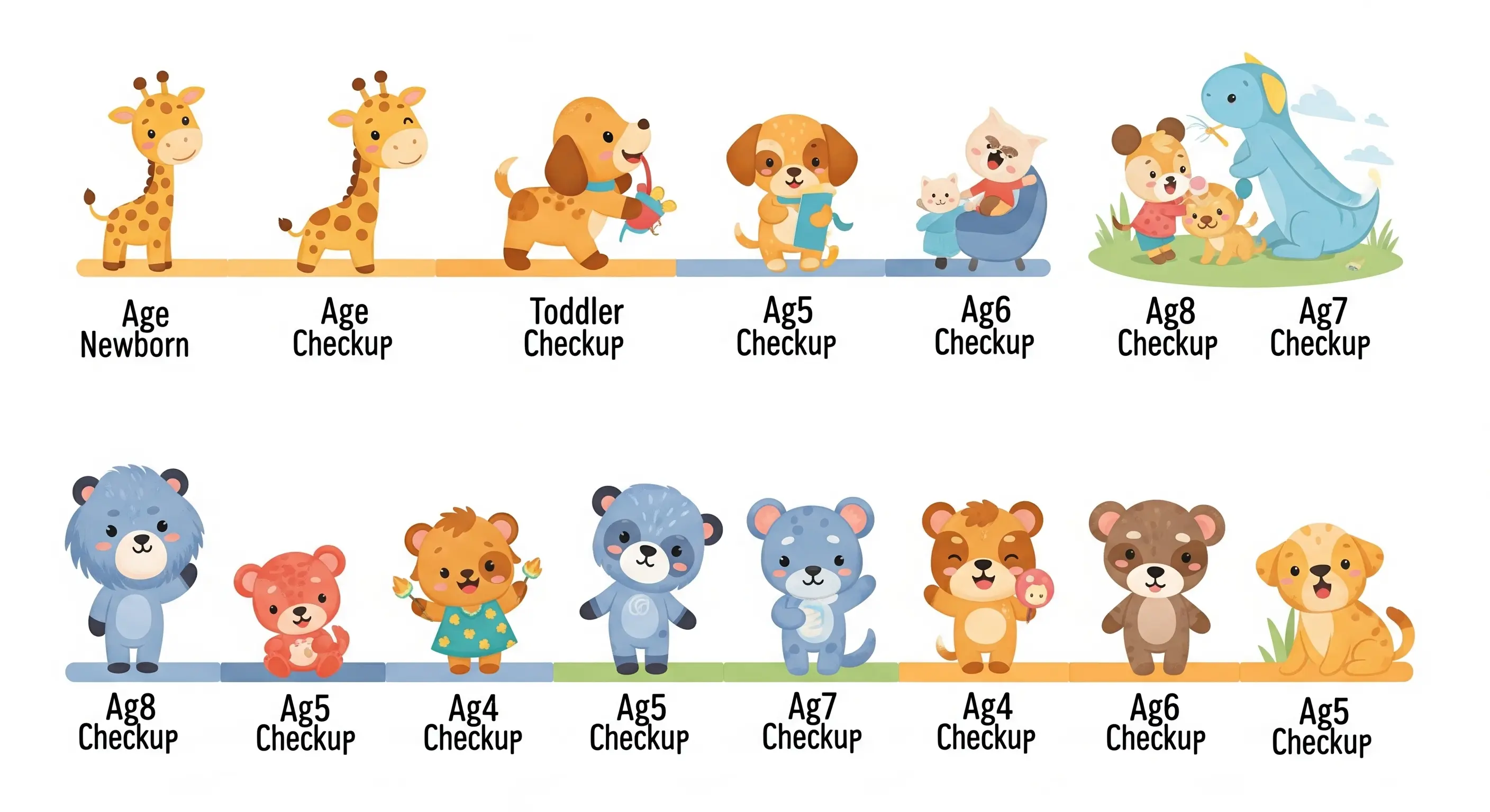 Colorful pediatric growth chart or infographic showing the checkup timeline with cute illustrations for each age group.