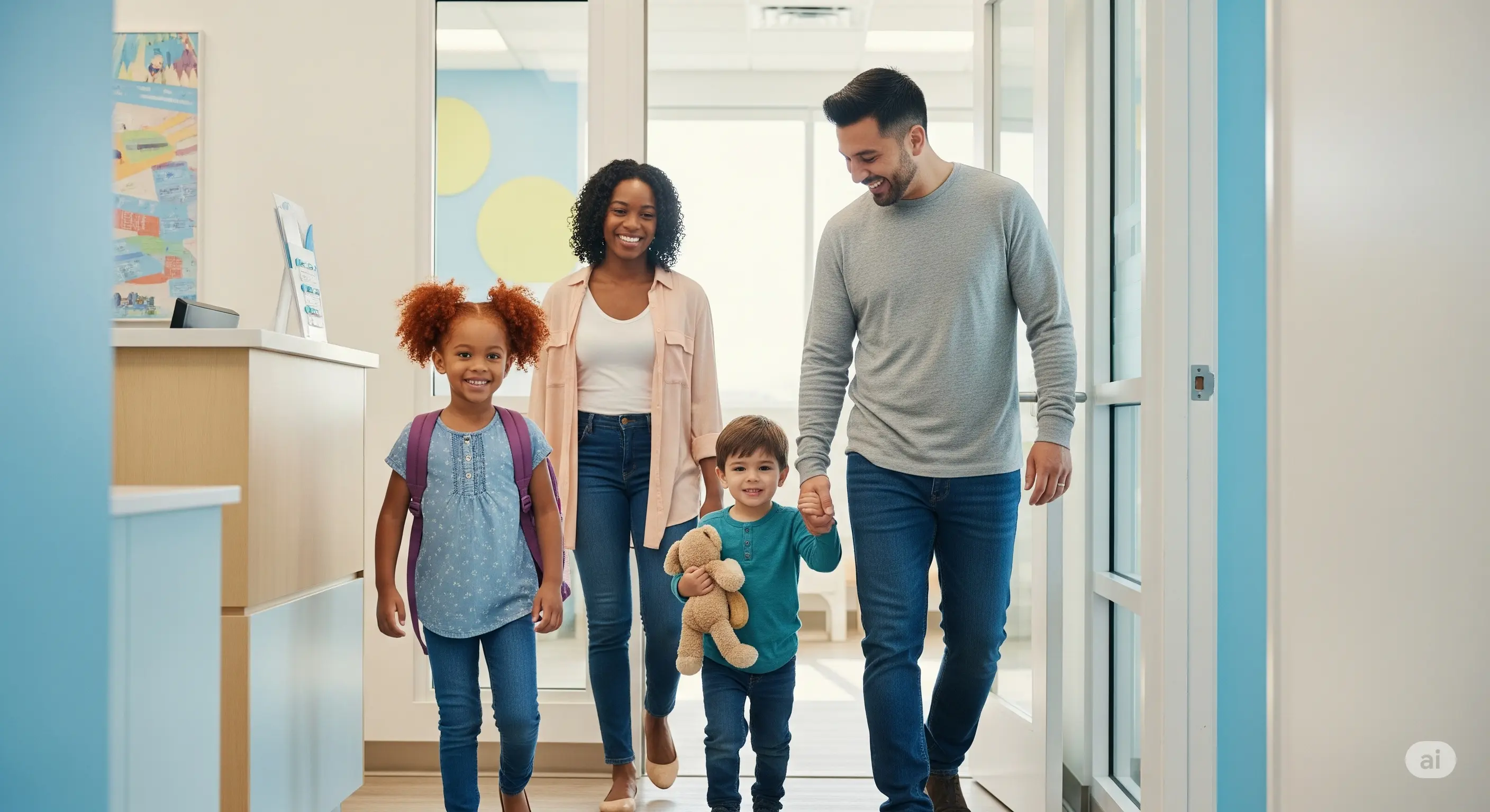 Happy diverse family (parents with 2-3 children of different ages) walking out of a modern pediatric office, all smiling. Bright, welcoming atmosphere.