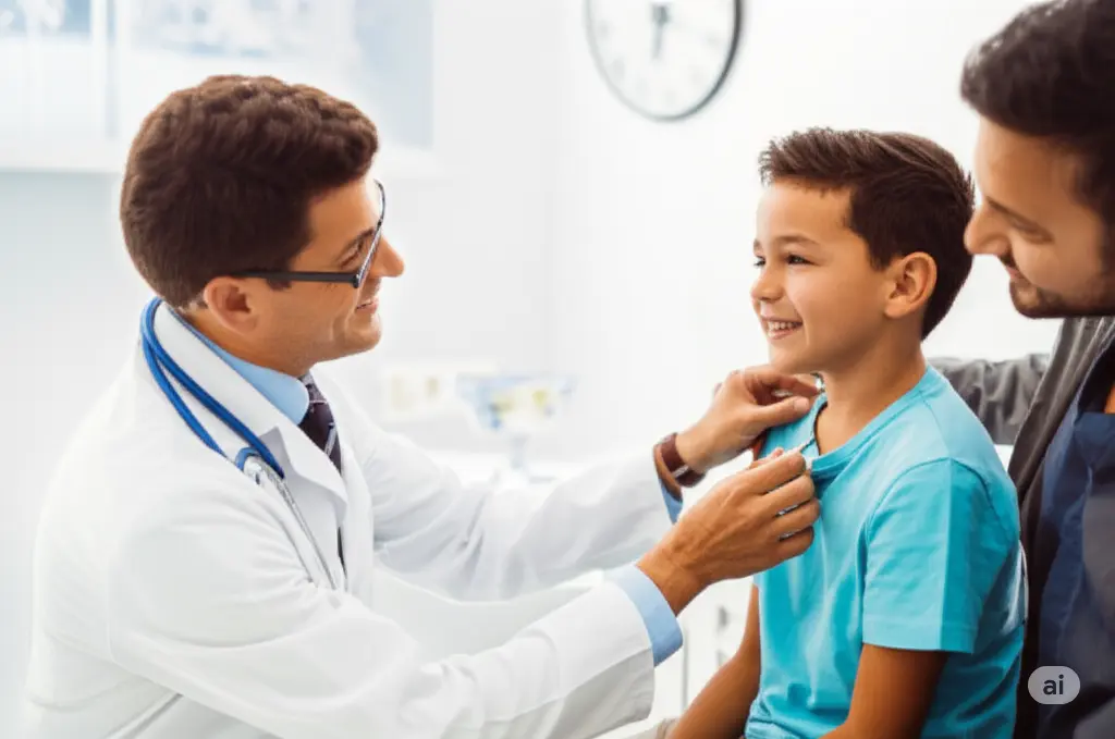 Professional photo of pediatrician conducting a gentle examination on a smiling child (age 4-6), with parent present. Bright, clean examination room background.