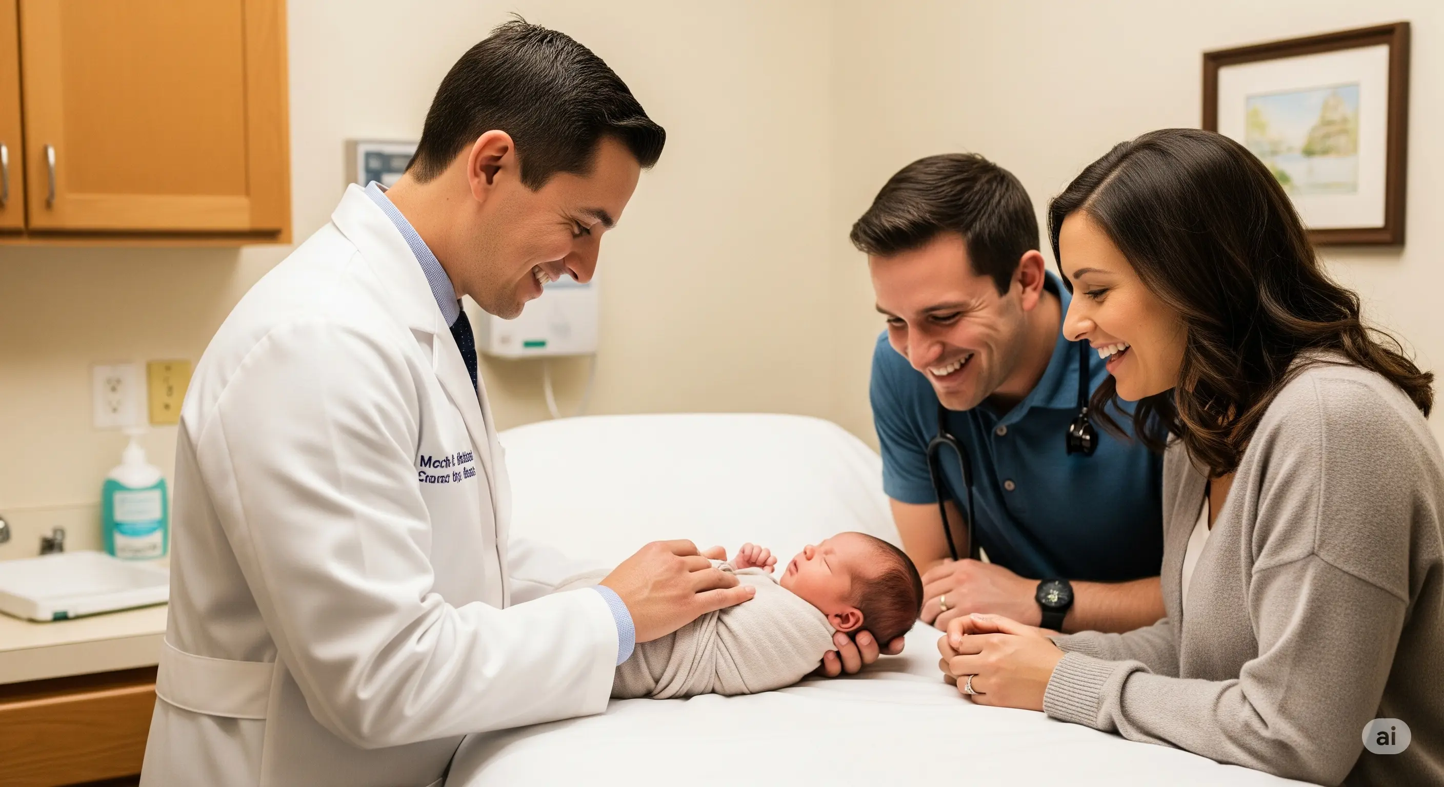 Professional photo of pediatrician gently examining a newborn baby while parents look on with caring expressions. Warm, soft lighting in a clean examination room.