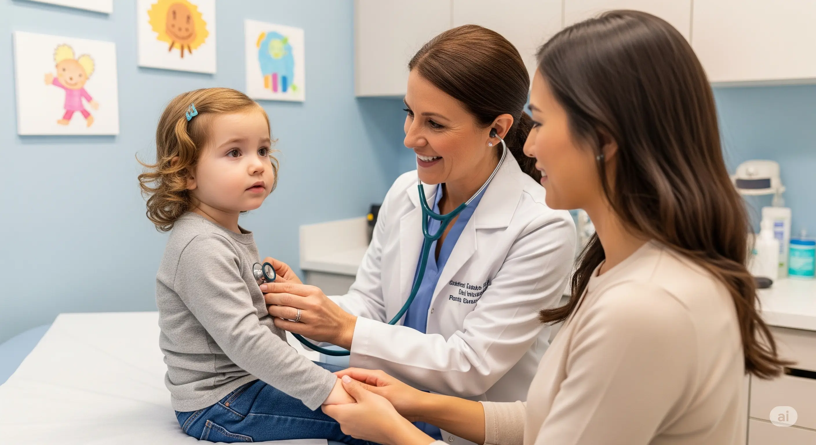 Caring pediatrician examining a young child with a stethoscope while the concerned parent holds the child's hand. Professional medical setting with warm, reassuring atmosphere.